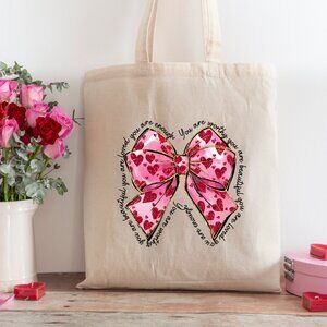 Women's Pink Red Gold Glitter Coquette Bow DTF Words of Affirmation Tote Bag